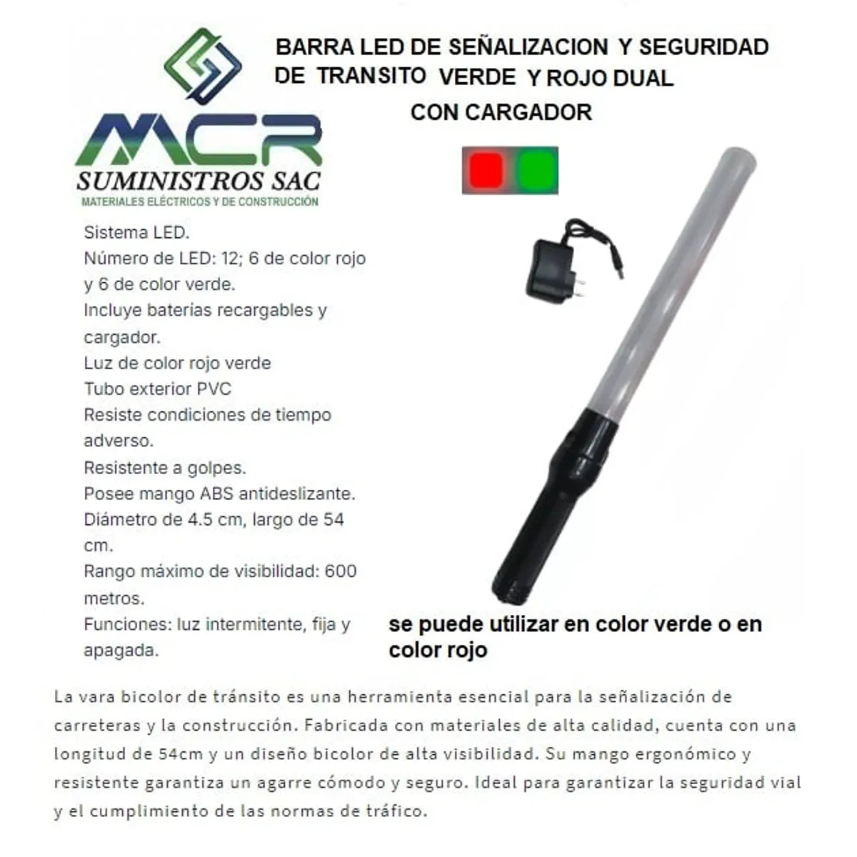 GENERICO - BARRA LED PARA SEÑALIZACION Y SEGURIDAD VERDE Y ROJO DUAL CON CARGADOR