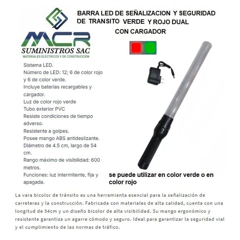 GENERICO - BARRA LED PARA SEÑALIZACION Y SEGURIDAD VERDE Y ROJO DUAL CON CARGADOR