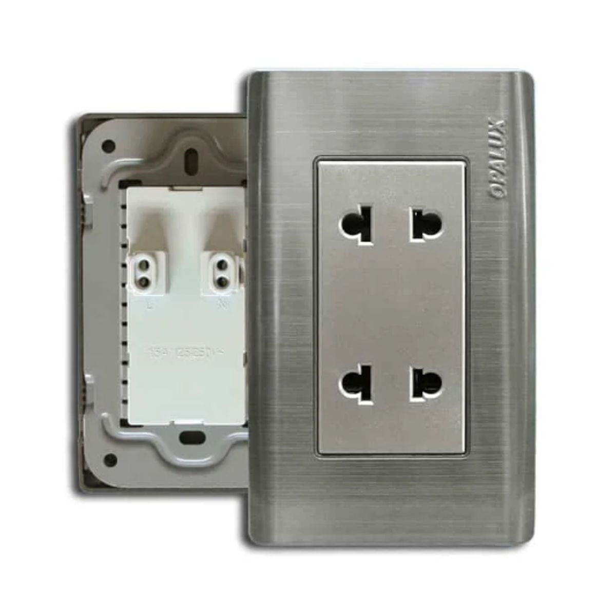 OPALUX - Tomacorriente Metálico Doble Universal 2 Polos OP-S04 OPALUX