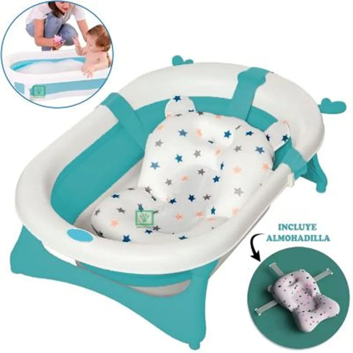 GENERICO - Bañera Tina de Baño Plegable Venadito Mas Cojin celeste