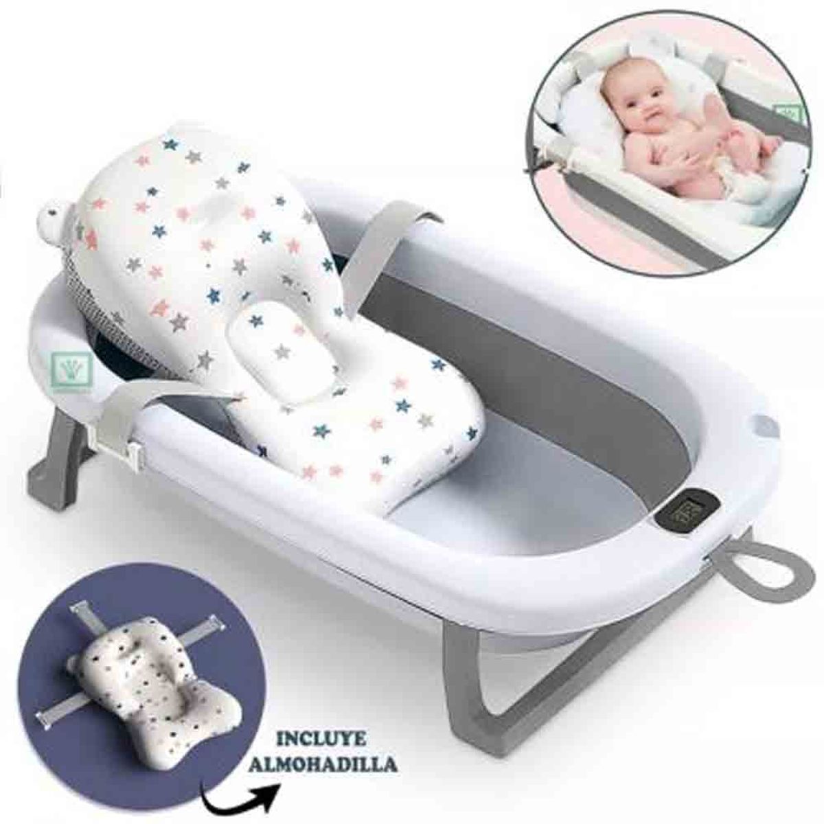 GENERICO - Bañera Tina de Baño Plegable Orejitas Con Termómetro GRIS