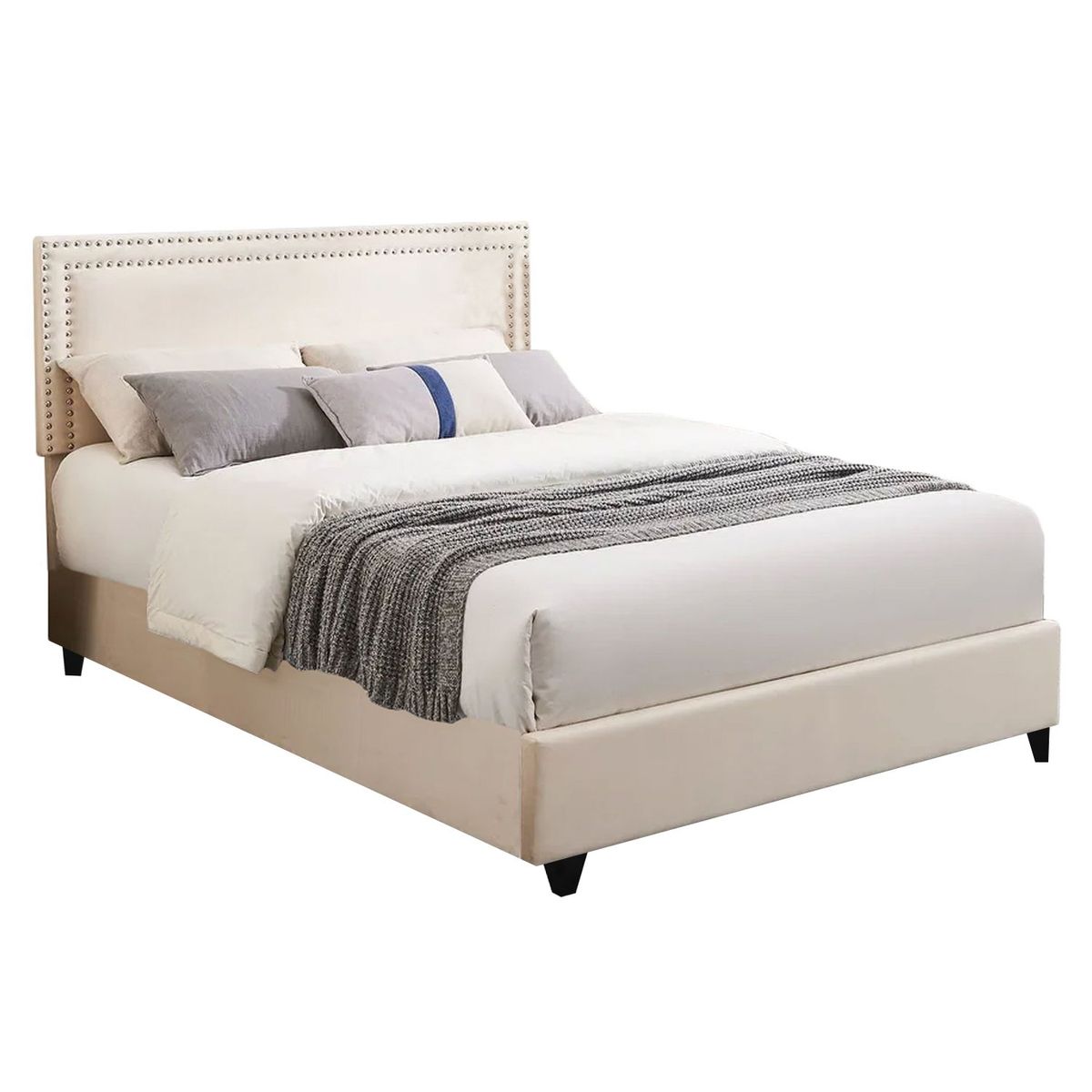 GENERICO - Cama Tapizada Lisa con Tachuelas 1.5 Plz Ivory