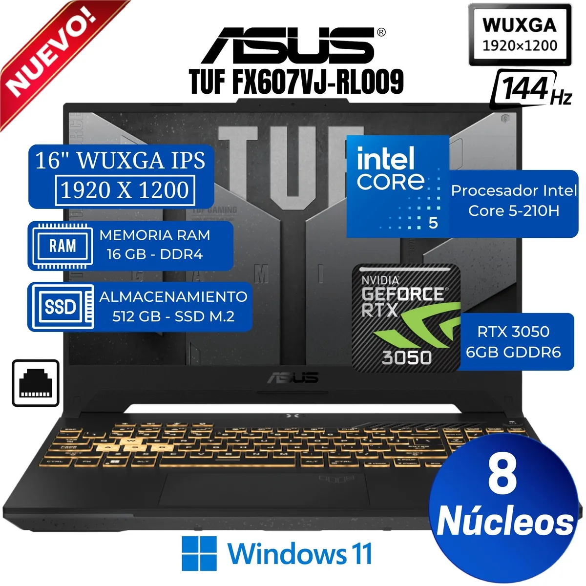 ASUS - Laptop Asus TUF FX607VJ-RL009 16" WUXGA IPS, Core 5-210H, Ram 16GB, Ssd 512GB, RTX 3050 6GB, Win 11