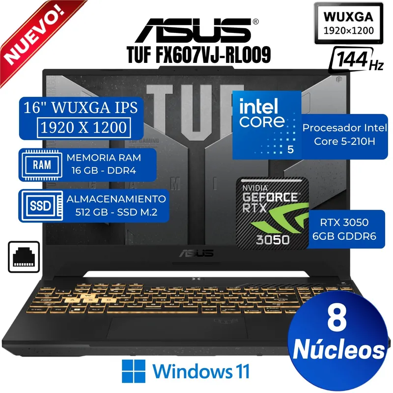 ASUS - Laptop Asus TUF FX607VJ-RL009 16" WUXGA IPS, Core 5-210H, Ram 16GB, Ssd 512GB, RTX 3050 6GB, Win 11