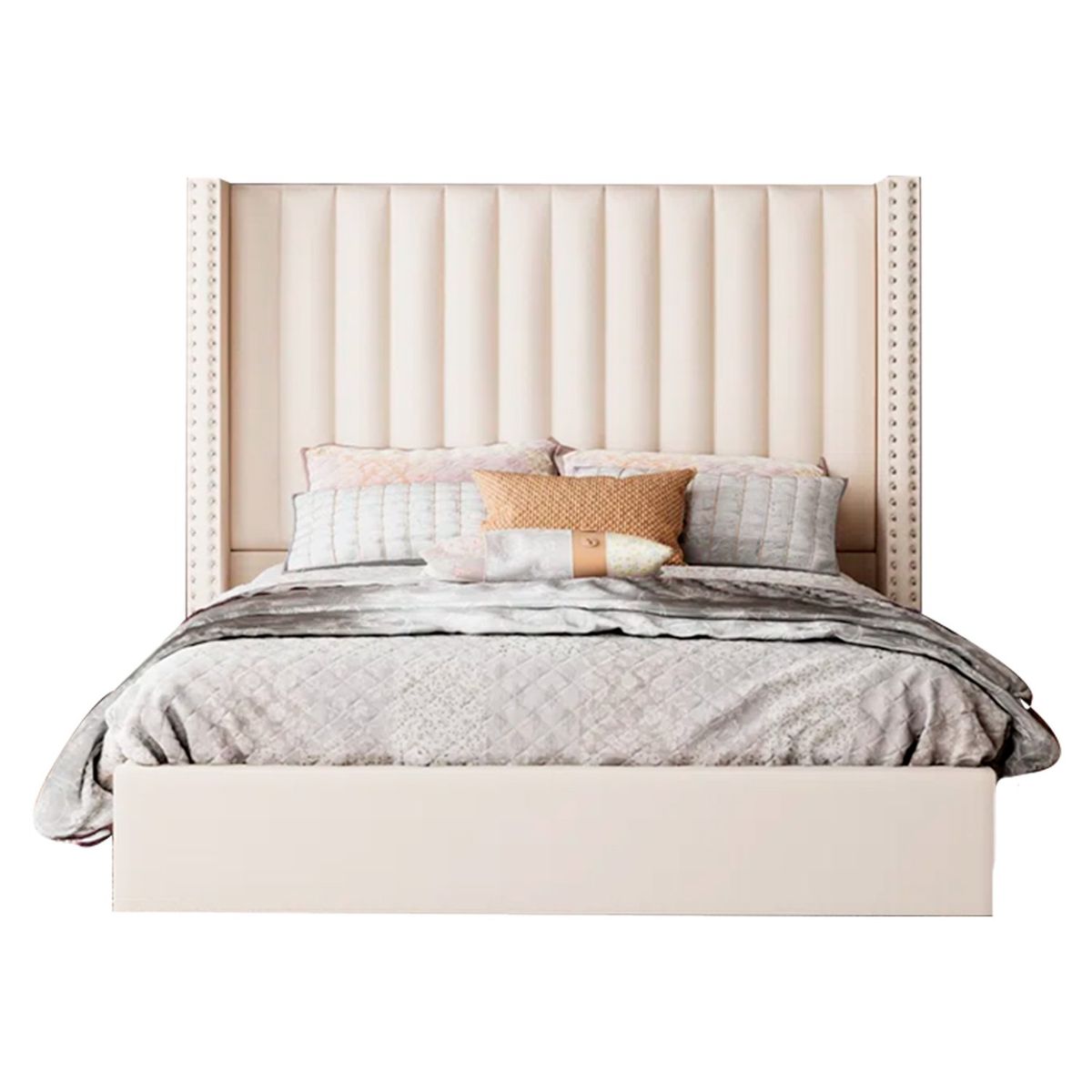 GENERICO - Cama Tapizada Listón con Tachuelas 2 Plazas Perla