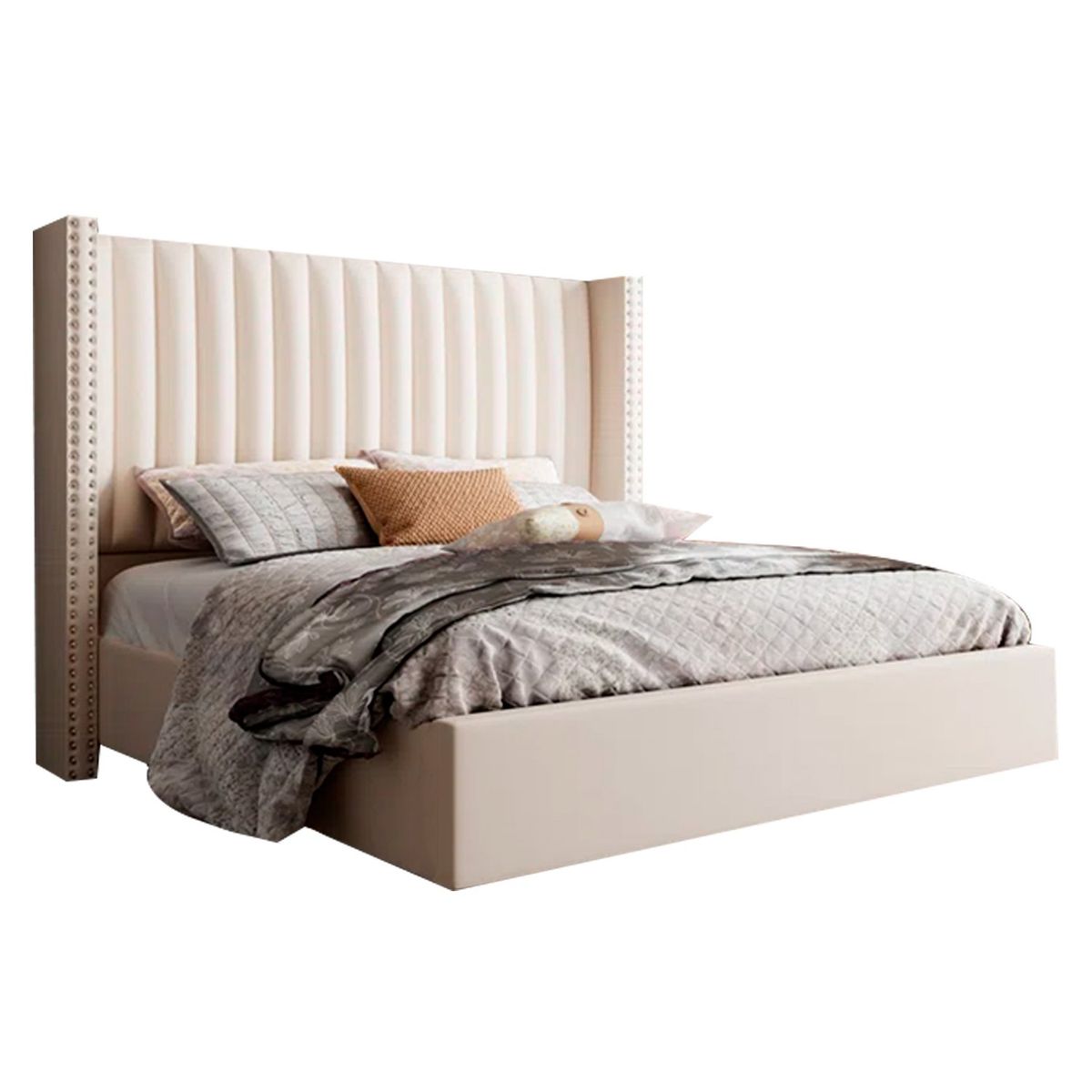 GENERICO - Cama Tapizada Listón con Tachuelas 2 Plazas Perla