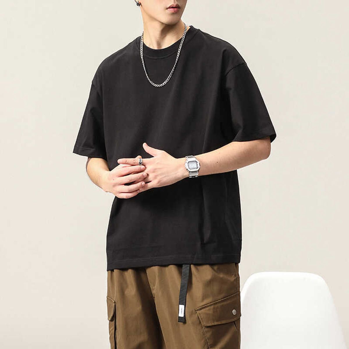 DENISASAA - Camiseta cuello redondo color sólido suelta talla grande manga corta