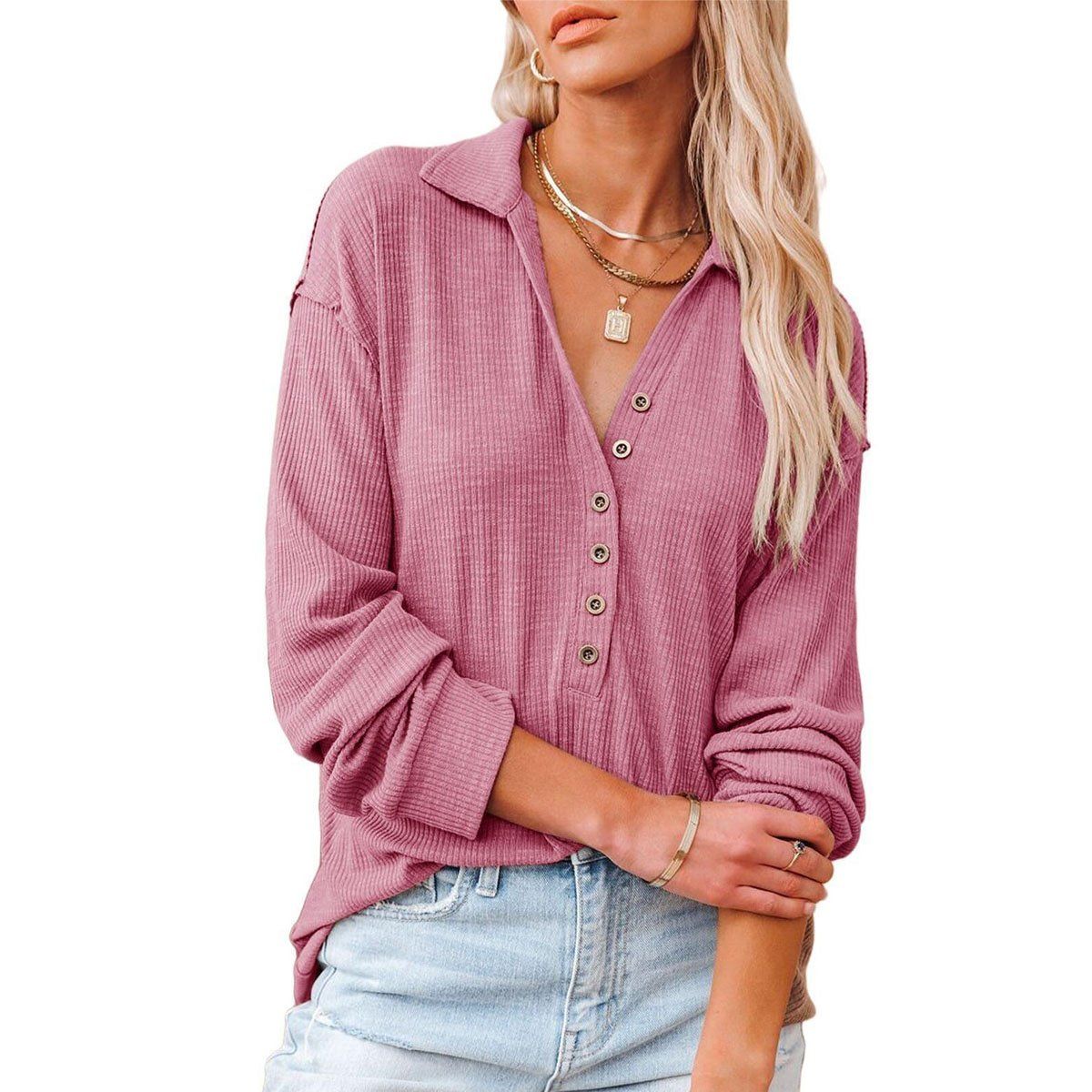 DENISASAA - Camiseta de manga larga con solapa y suéter de otoño e invierno