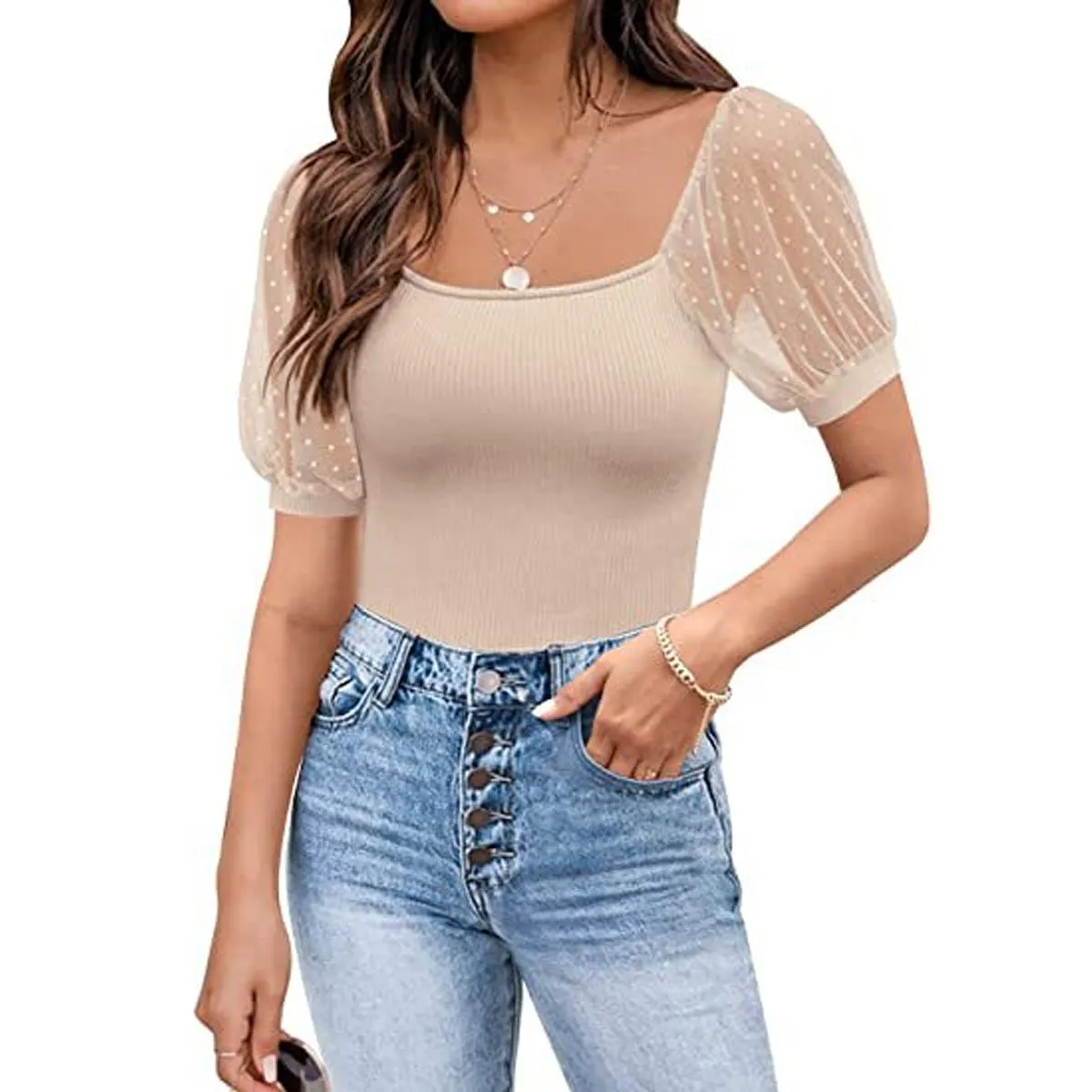 DENISASAA - Top con manga farol moda de verano para mujer manga corta ajustada