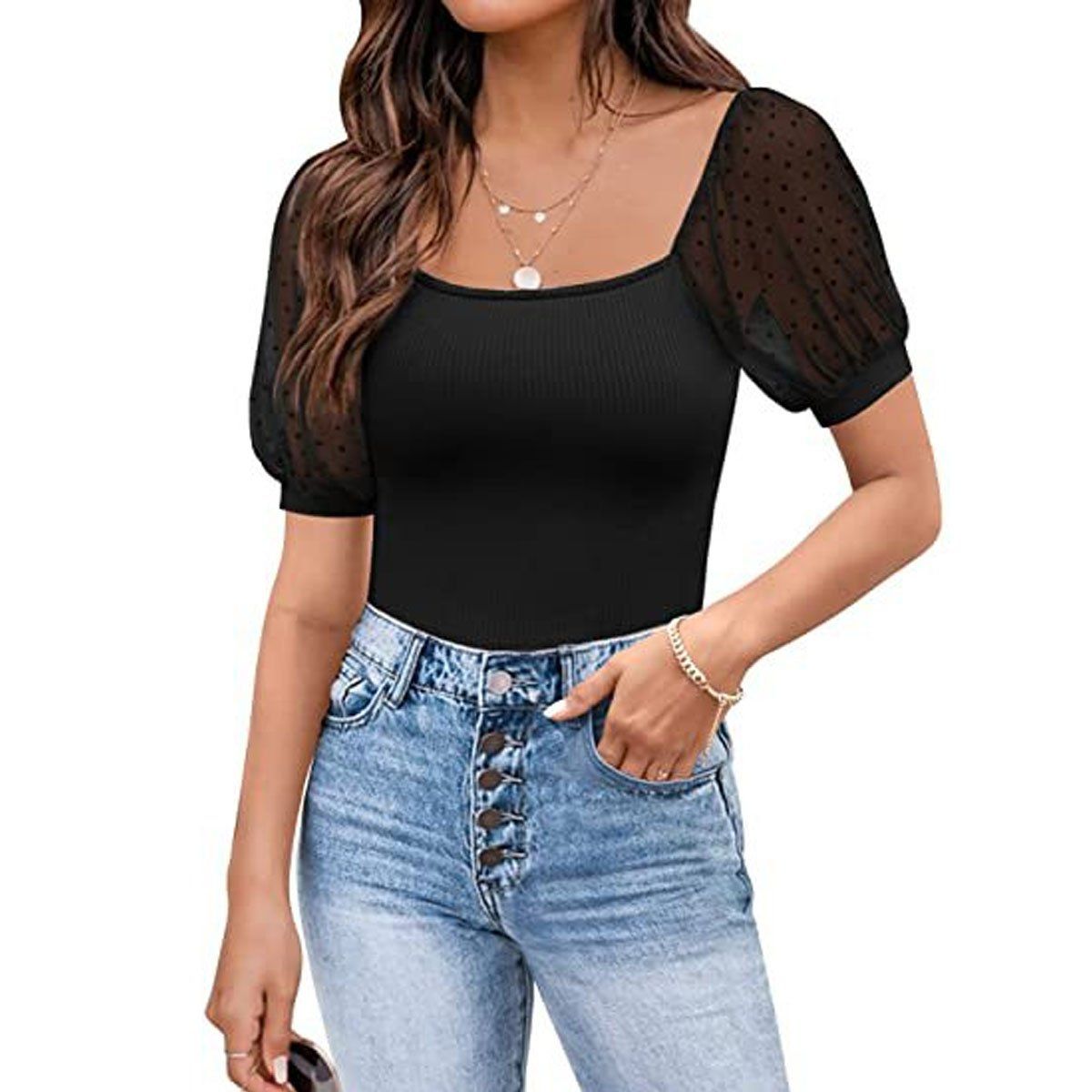 DENISASAA - Top con manga farol moda de verano para mujer manga corta ajustada