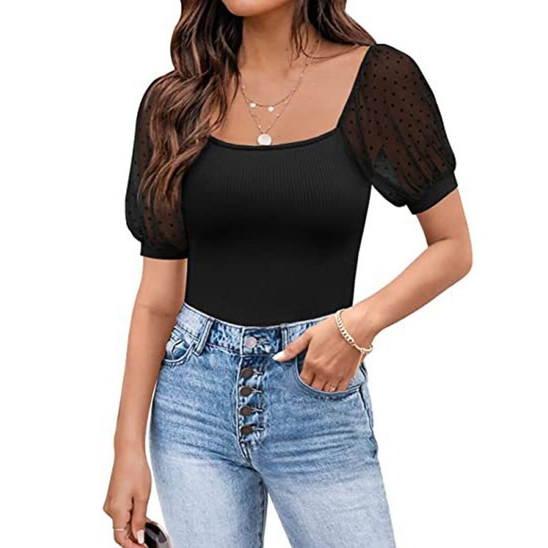 DENISASAA - Top con manga farol moda de verano para mujer manga corta ajustada