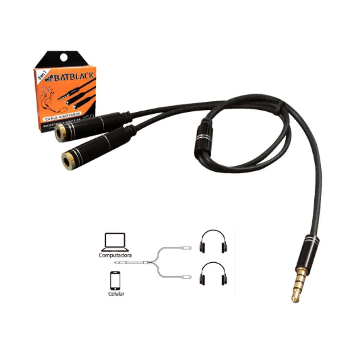 BATBLACK - Adaptador 2 Jack 3.5mm a Plug TRRS 3.5mm BT-KY67/BK BATBLACK