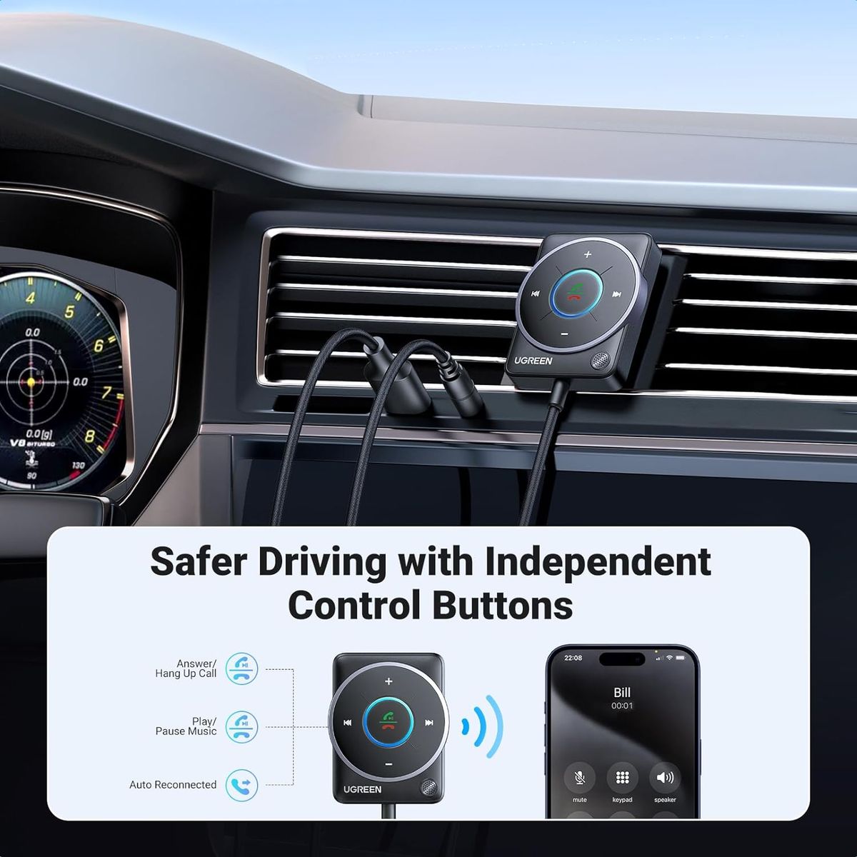 UGREEN - Bluetooth 5.4 para Automóvil con Cancelación De Ruido Ugreen 35002