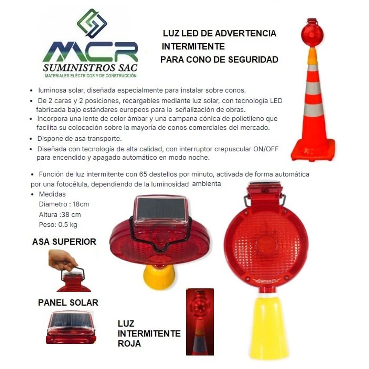 GENERICO - LUZ LED DE ADVERTENCIA INTERMITENTE PARA CONO DE SEGURIDAD SOLAR