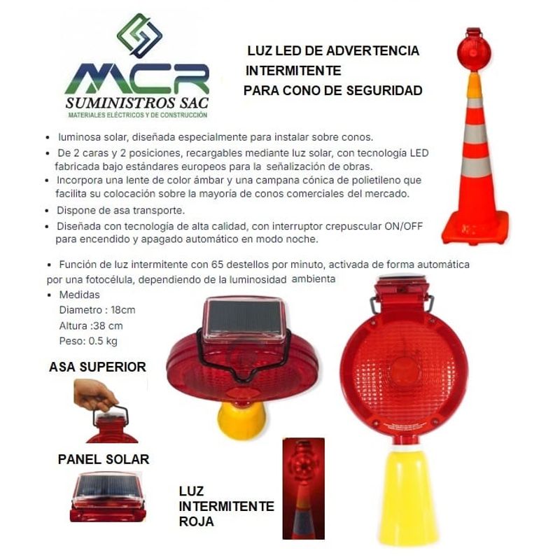 GENERICO - LUZ LED DE ADVERTENCIA INTERMITENTE PARA CONO DE SEGURIDAD SOLAR