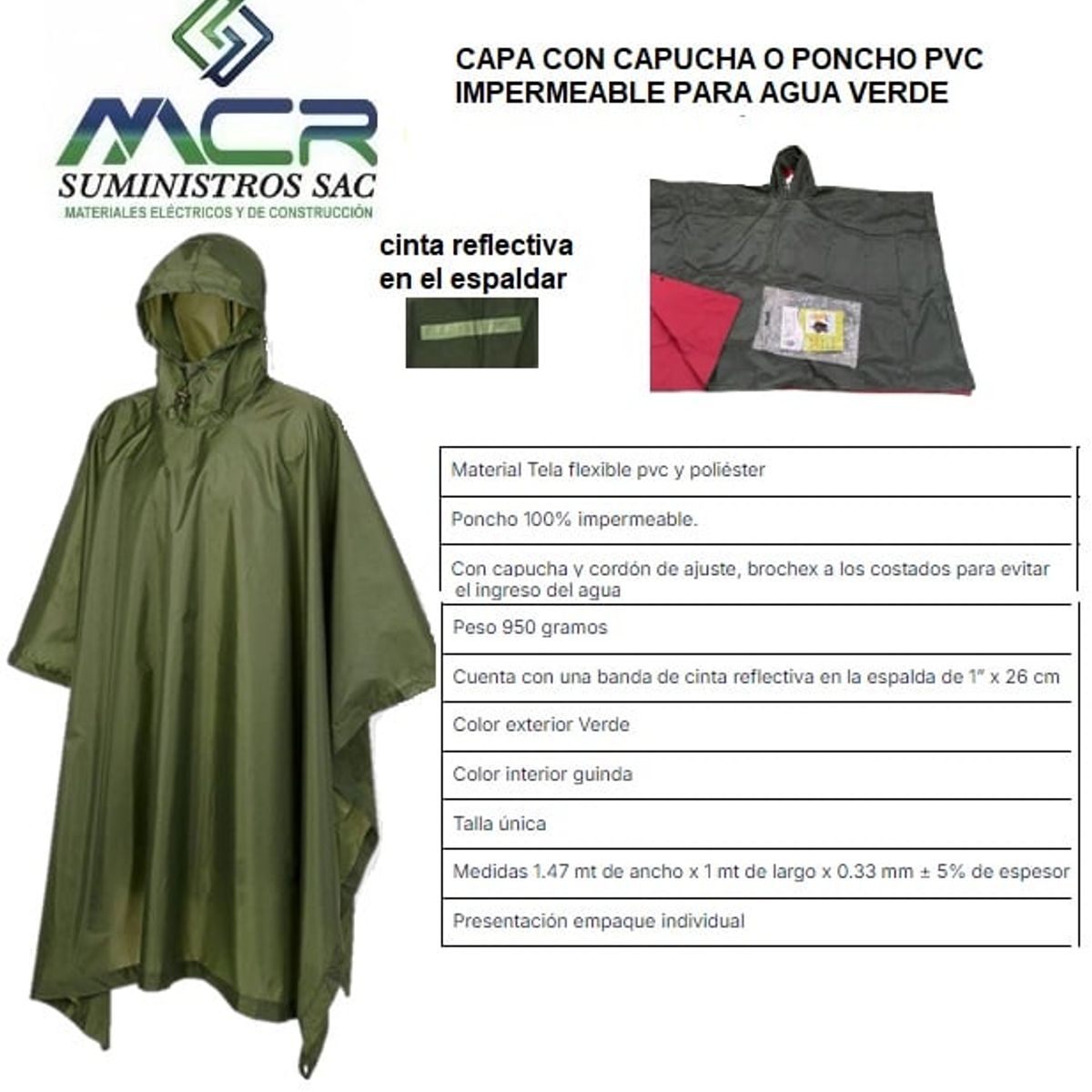 GENERICO - CAPA CON CAPUCHA O PONCHO PVC IMPERMEABLE PARA AGUA VERDE