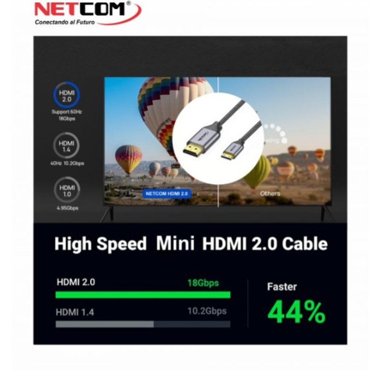 NETCOM - CABLE PREMIUM DE HDMI A MINI HDMI DE 3 METROS ULTRA HD 4K 60HZ NETCOM
