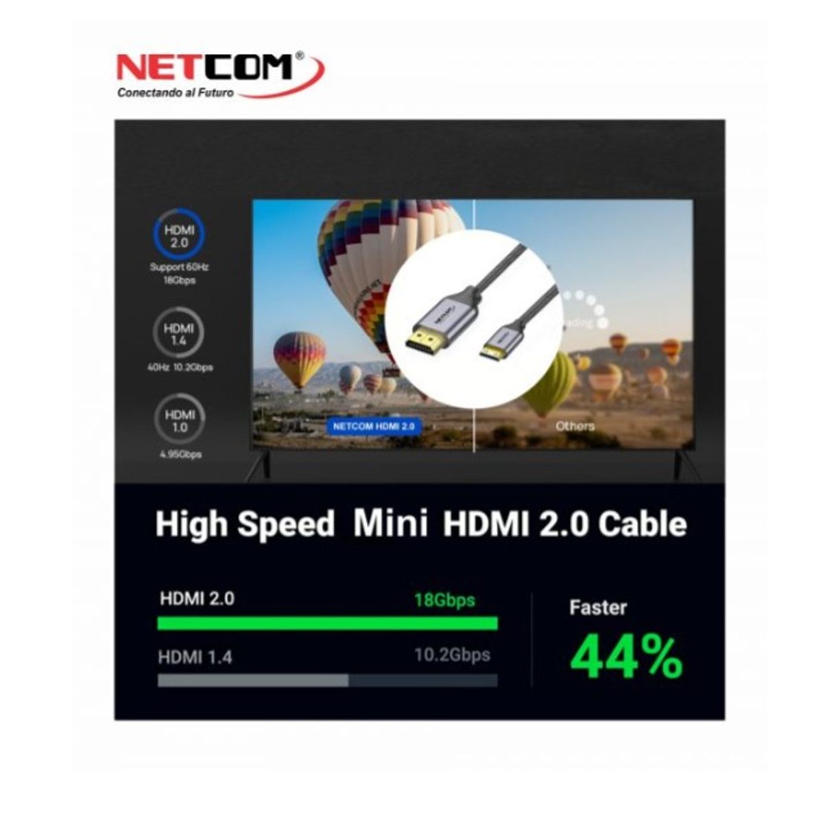 NETCOM - CABLE PREMIUM DE HDMI A MINI HDMI DE 3 METROS ULTRA HD 4K 60HZ NETCOM