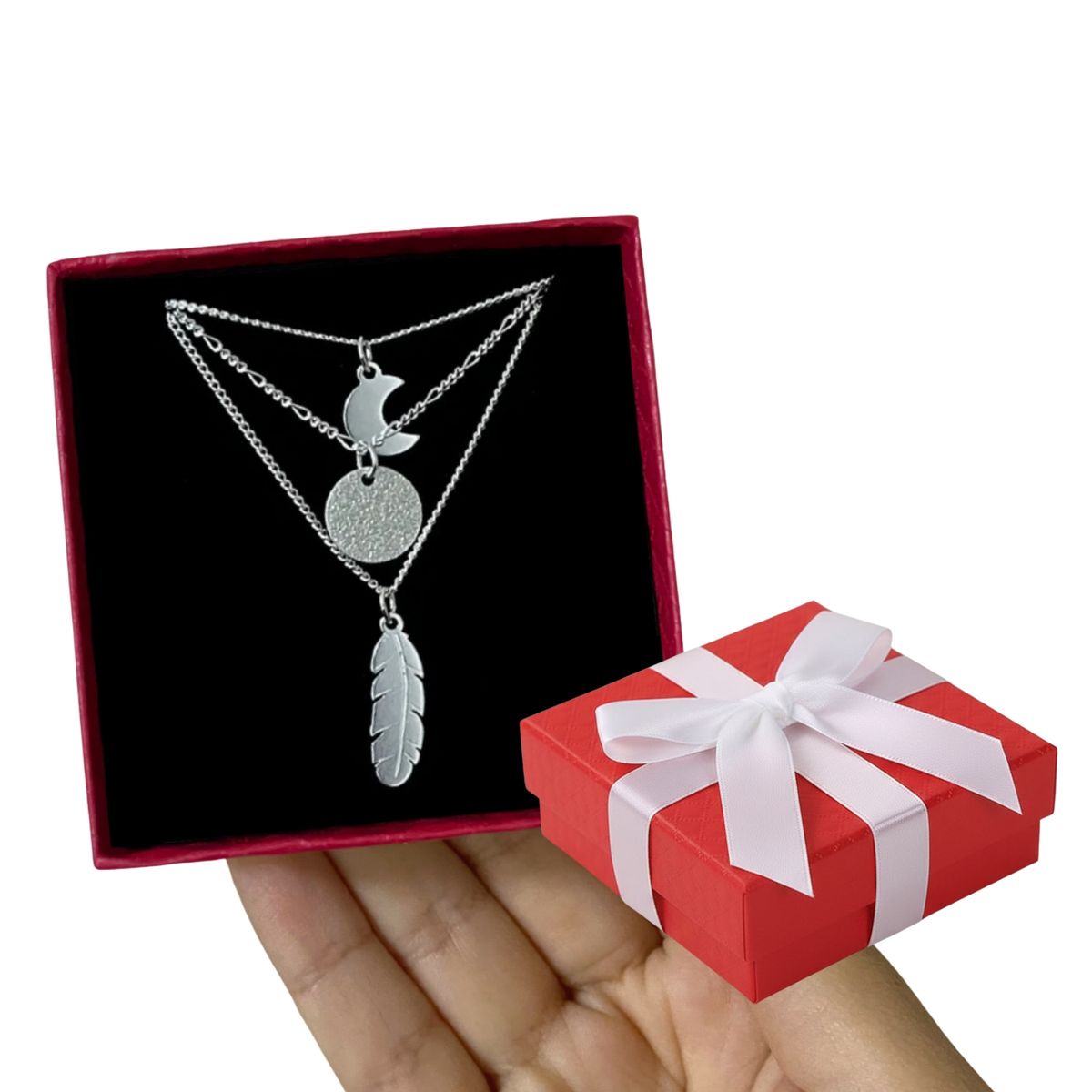 GENERICO - Collar Mujer Set Triple Luna Pluma Joya Regalo Plata 925