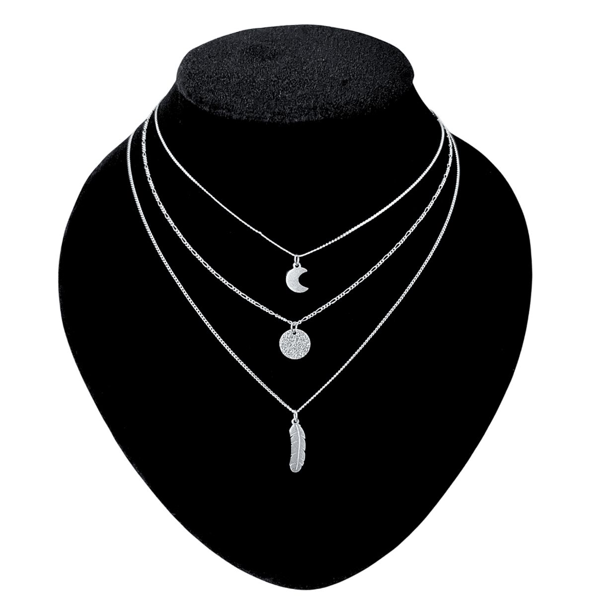 GENERICO - Collar Mujer Set Triple Luna Pluma Joya Regalo Plata 925