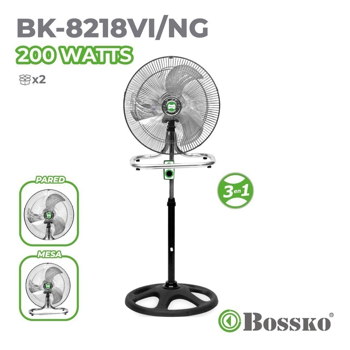 BOSSKO - VENTILADOR DE 3 ASPAS  MARACA BOSSKO 200W BK-8218VING-NEGRO