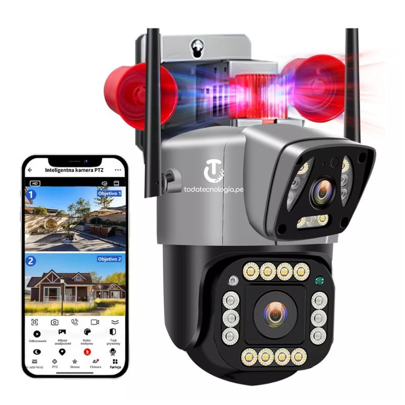 GENERICO - Cámara Seguridad Vigilancia PTZ WIFI Doble Lente Visión Noctuna Sirena Full HD