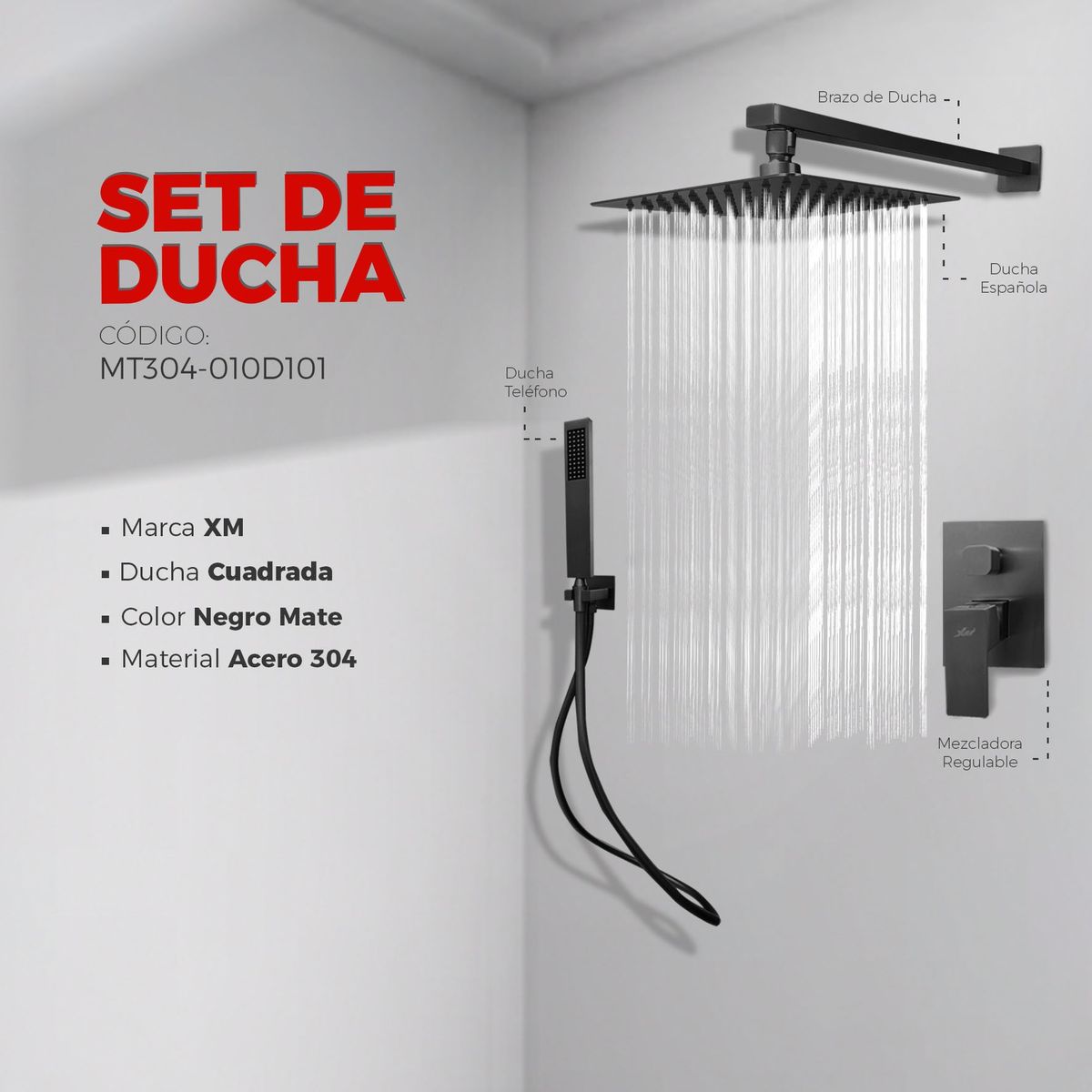 XM - MEZCLADORA PARA DUCHA CUADRADO NEGRO ACERO MT304-010D101