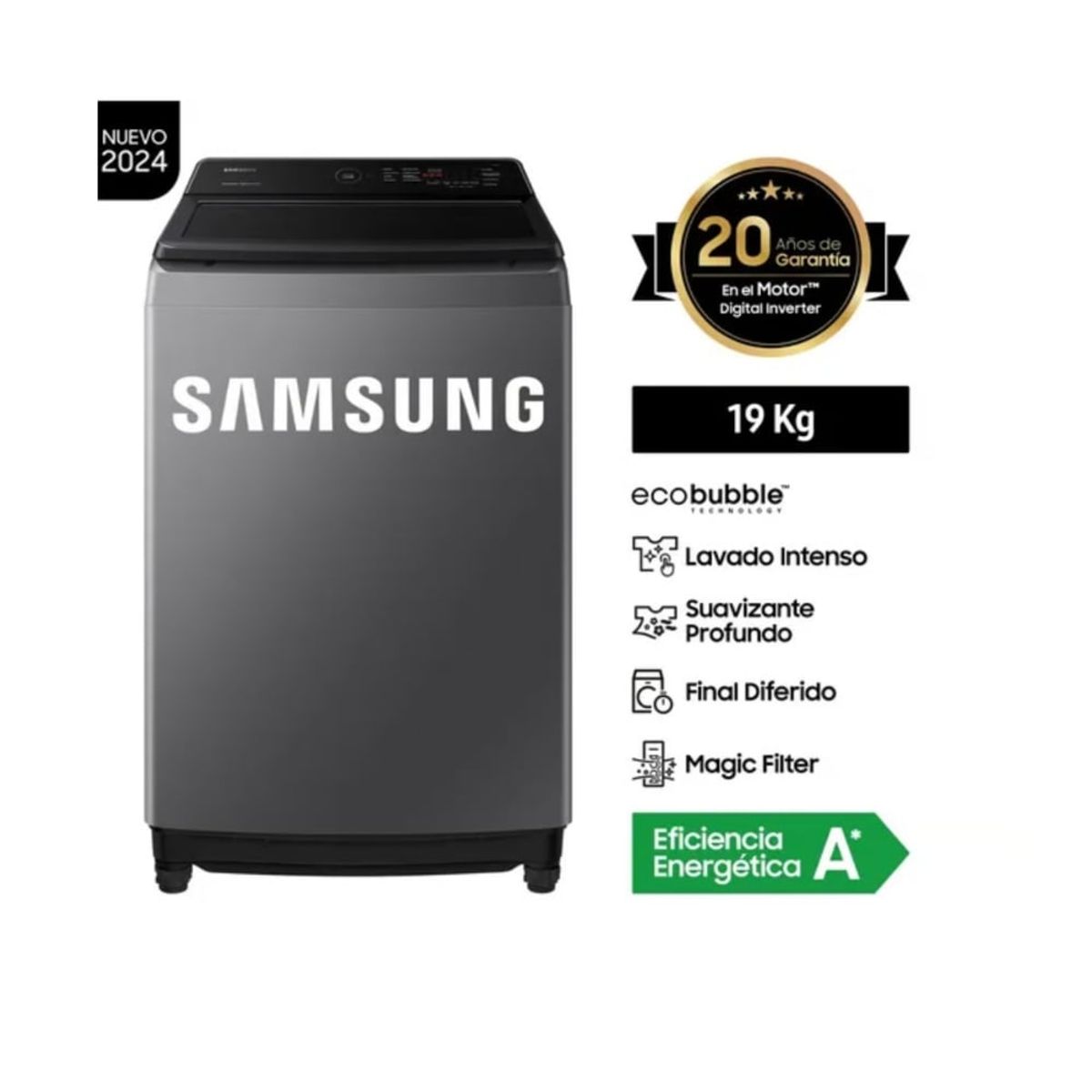 SAMSUNG - Lavadora Samsung 19 Kg  Eco Bubble  WA19CG6441BDPE Gris