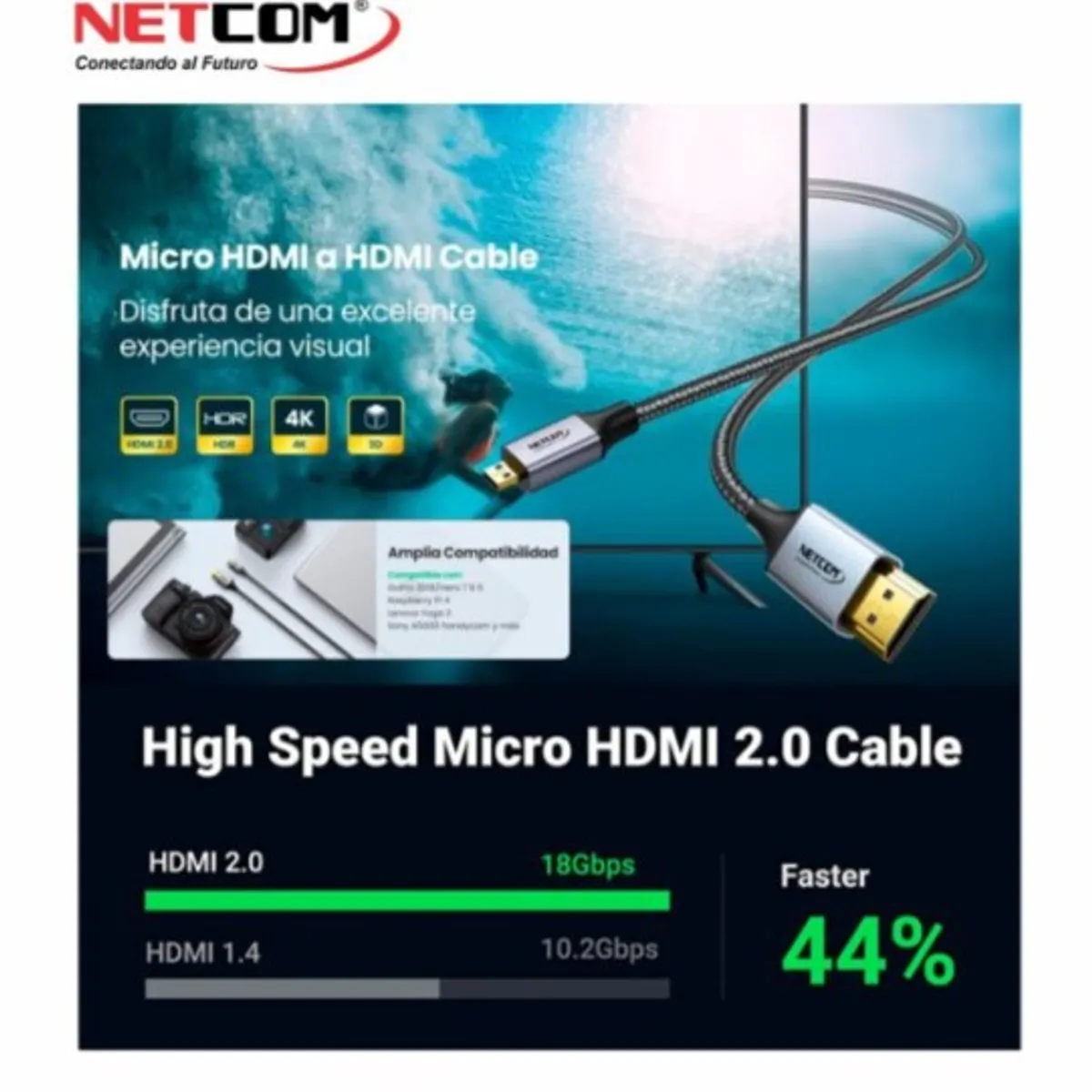 NETCOM - CABLE PREMIUM DE HDMI A MICRO HDMI DE 1.80 MTS UHD 4K 60HZ NETCOM