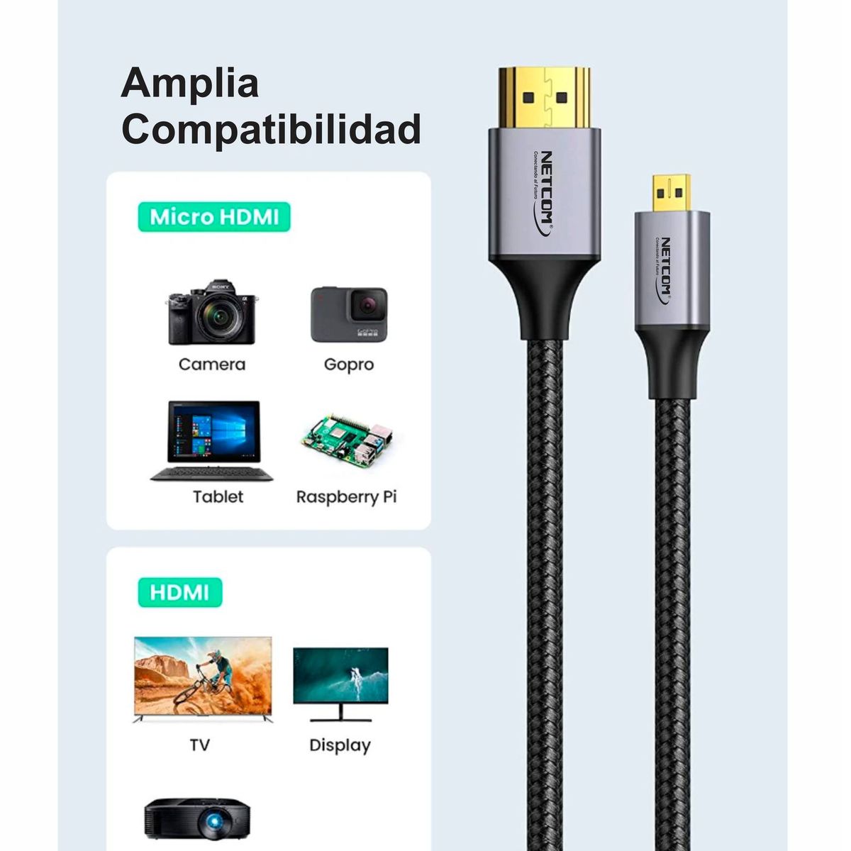 NETCOM - CABLE PREMIUM DE HDMI A MICRO HDMI DE 3 MTS UHD 4K 60HZ NETCOM