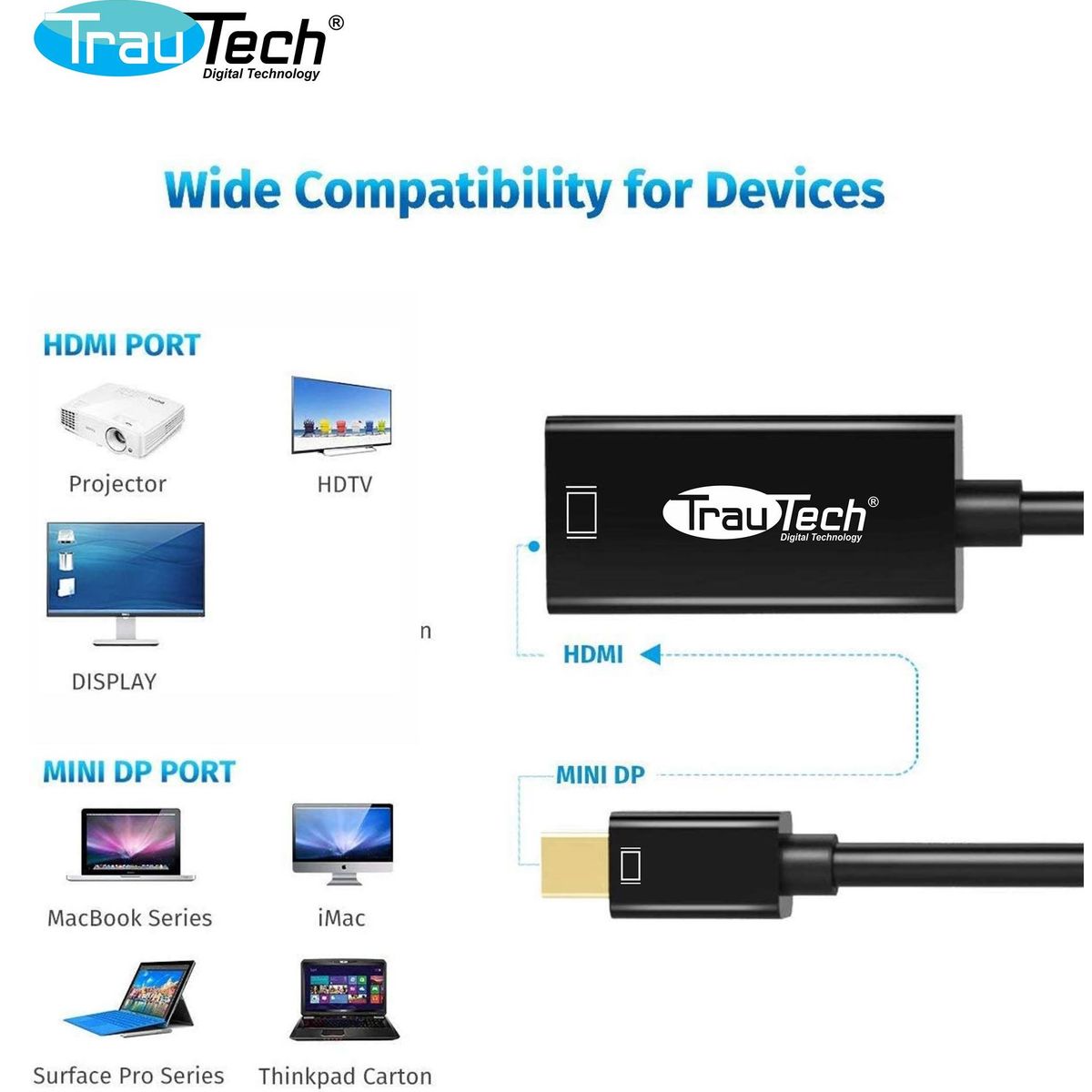 TRAUTECH - ADAPTADOR DE MINI DISPLAYPORT DP MACHO A HDMI HEMBRA 4K 30HZ TRAUTECH
