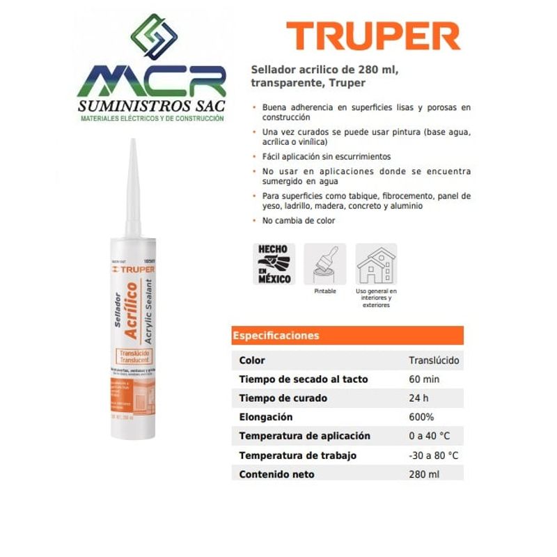 TRUPER - Sellador acrilico de 280 ml, transparente para interior y exterior Truper