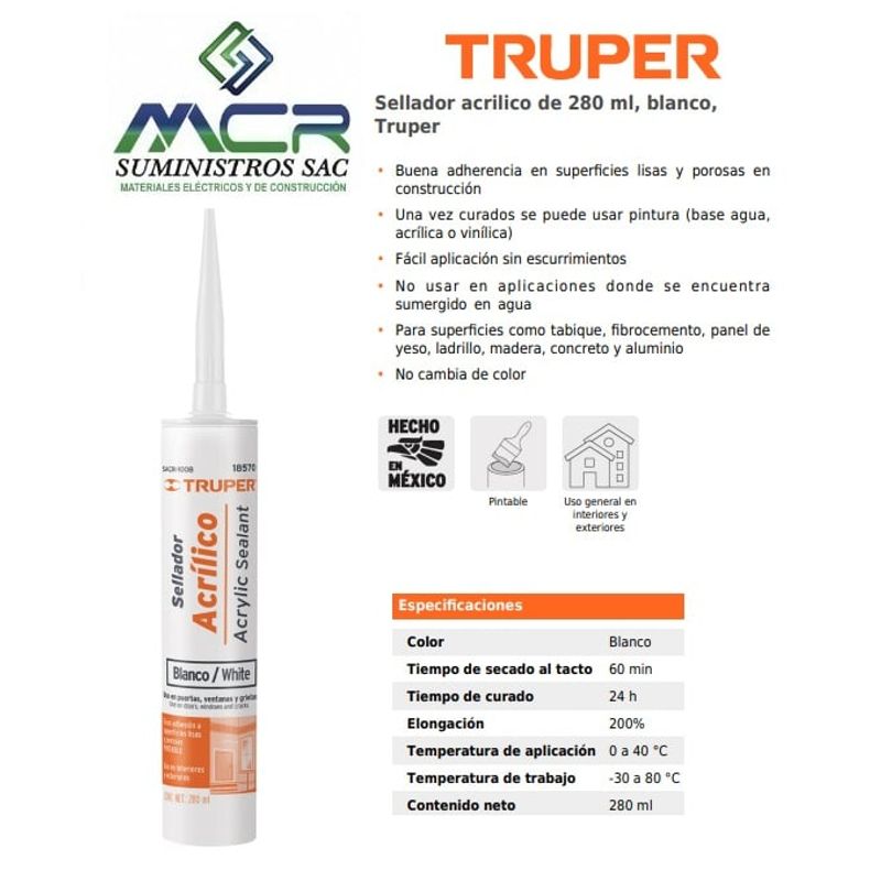 TRUPER - Sellador acrilico de 280 ml, blanco, Truper