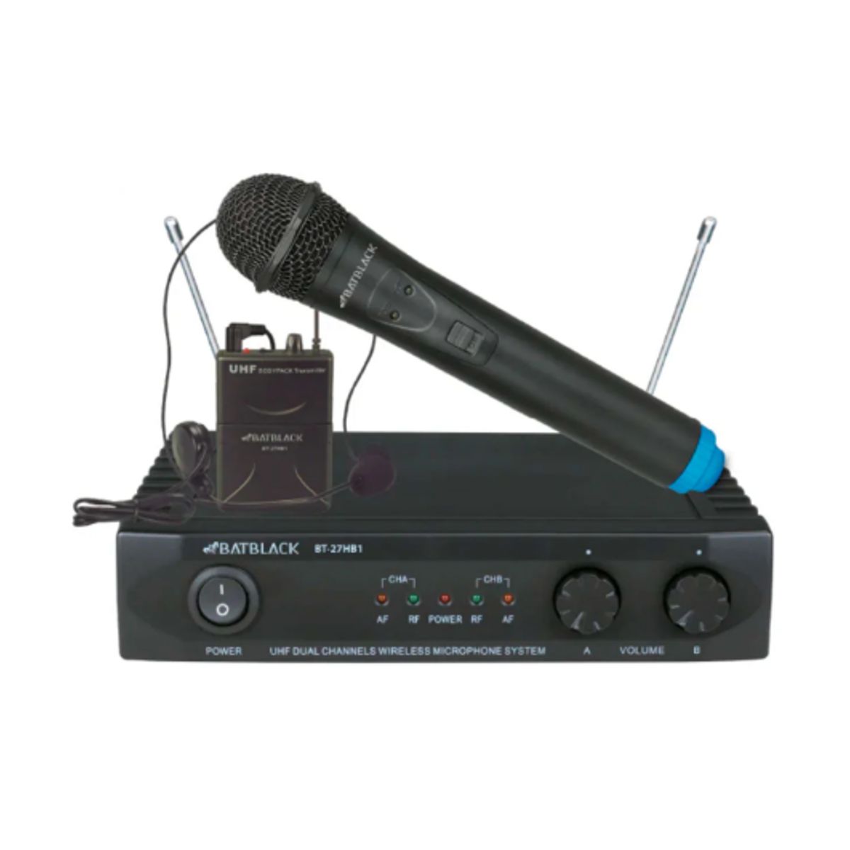 BATBLACK - Micrófono Inalámbrico de Mano Vincha y Solapero BT-27HB1 BATBLACK