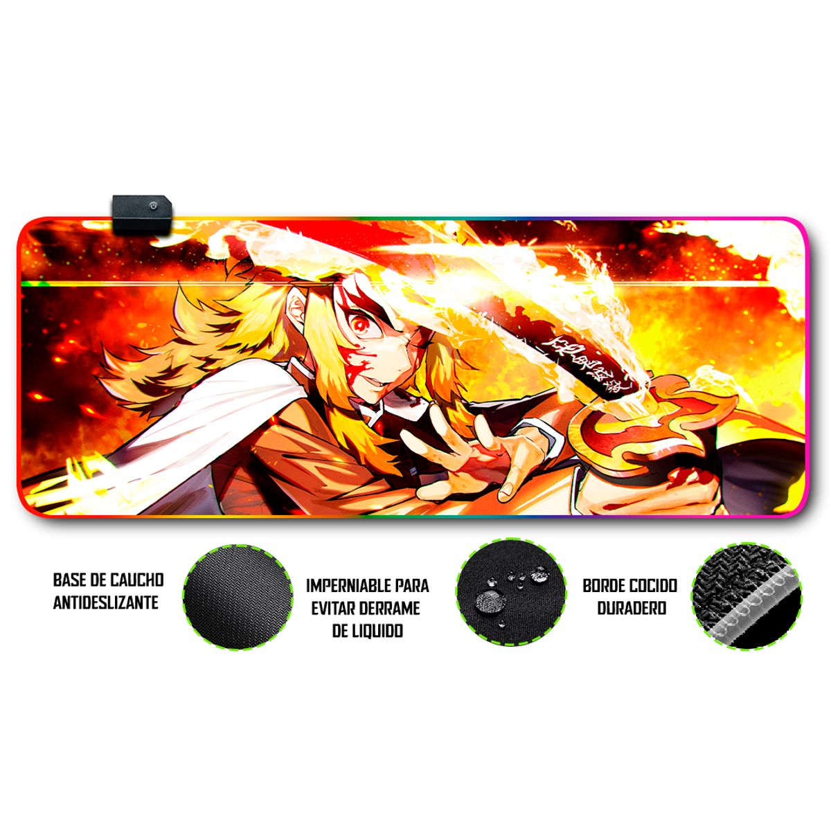 GENERICO - Mouse pad gamer antideslizante con luz rgb de 80x30 Rengoku