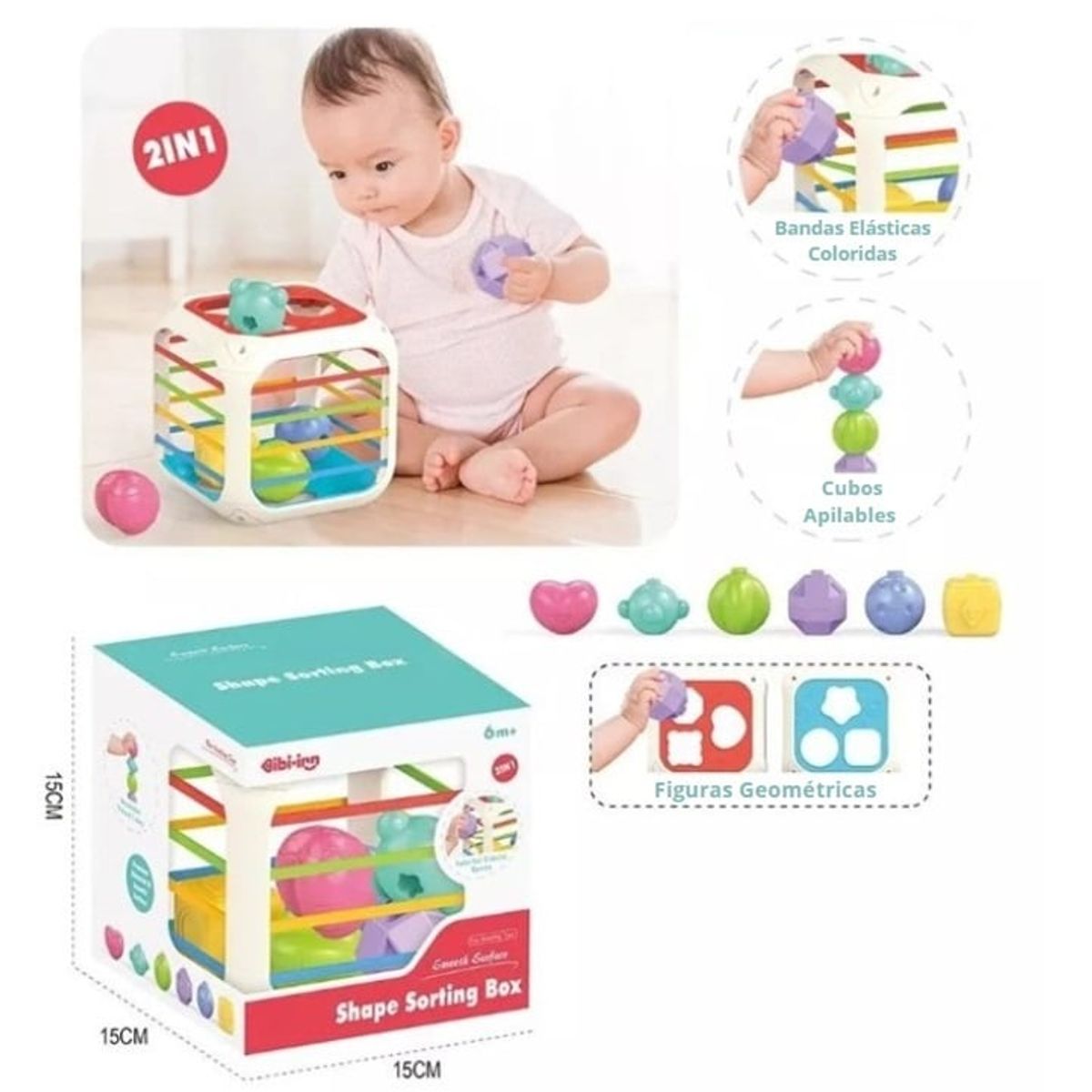GENERICO - Cubo Didáctico de Encaje de Figuras Geométricas y Ligas