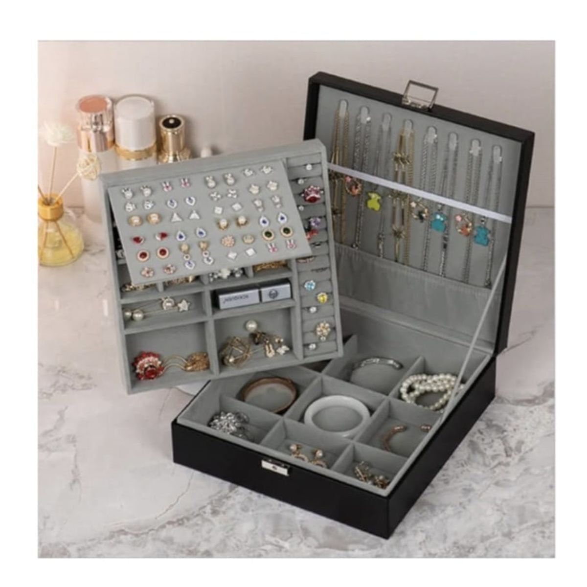 GENERICO - Joyero Grande de Doble Capa PU - Organizador de Joyas