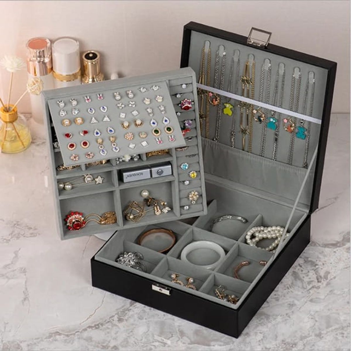 GENERICO - Joyero Grande de Doble Capa PU Organizador de Joyas