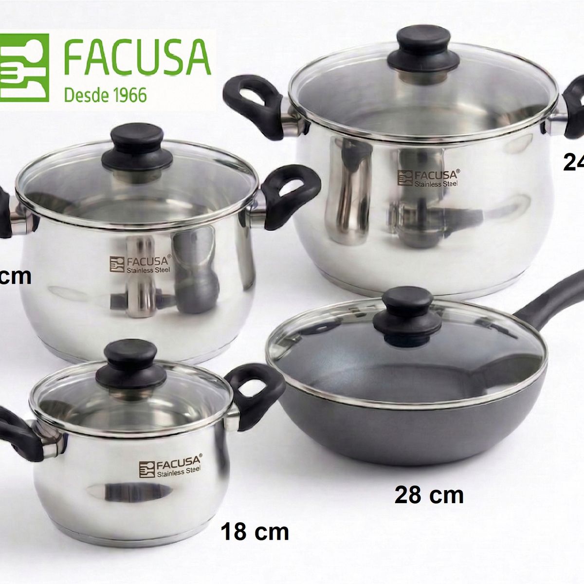 FACUSA - Juego de Ollas Acero Inoxidable tapa de vidrio + Wok ctapa FACUSA