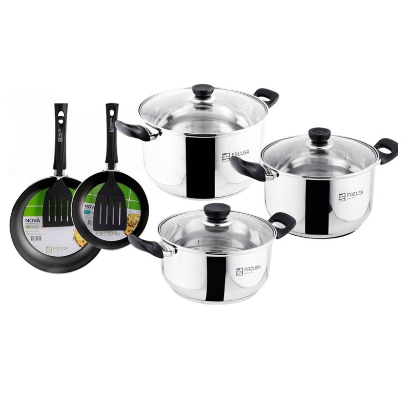 FACUSA - Juego de Ollas Acero Inoxidable tapa de vidrio + 2 Sartenes y Espátula