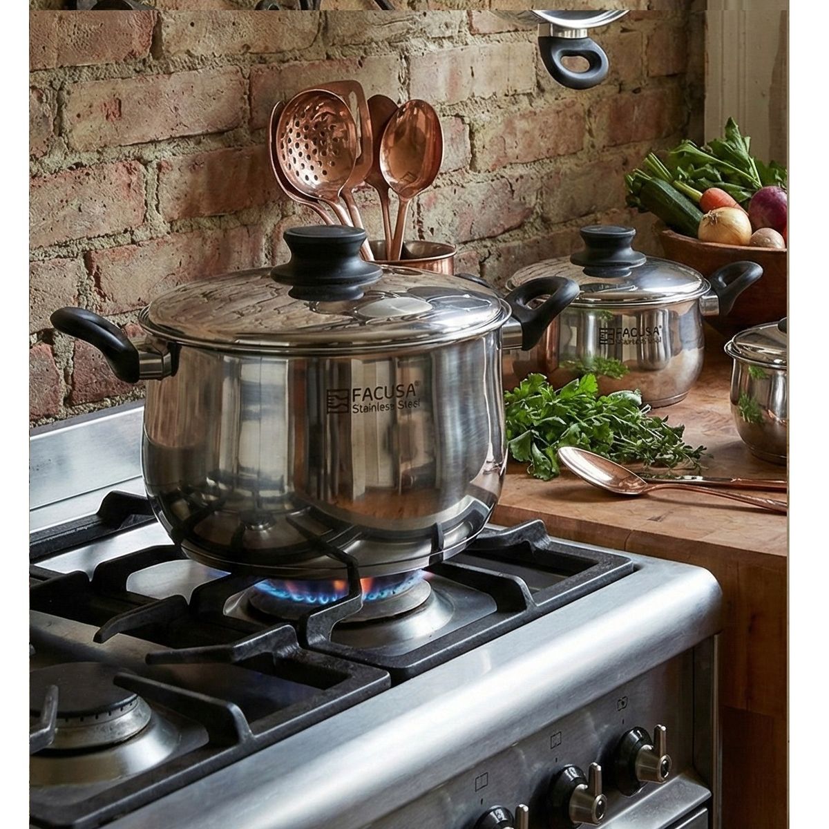 FACUSA - Juego de Ollas Acero Inoxidable tapa de vidrio + Wok ctapa FACUSA