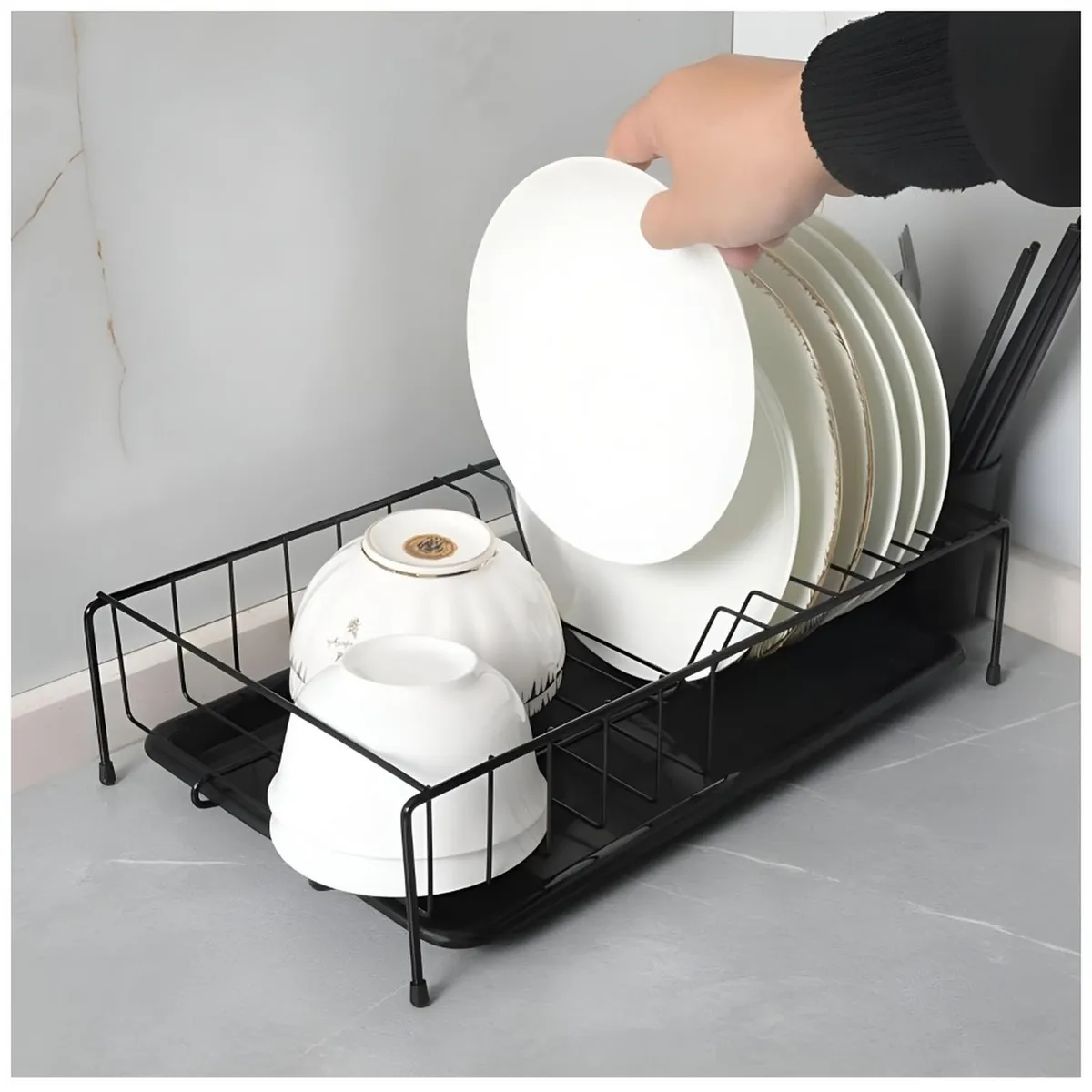 MINARI - Escurridor de Platos Organizador con Porta Cubiertos Negro 30V