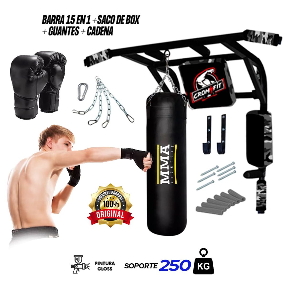 HOLGU - Barra Paralelas dominadas 15 en 1 + saco de box + guante box