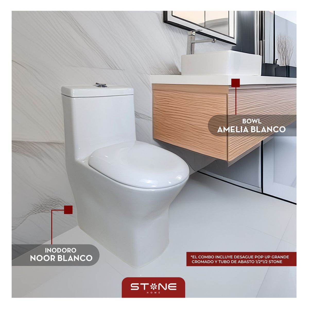STONE - COMBO INODORO ONE PIECE  NOOR BLANCO  BOWL AMELIA BLANCO STONE
