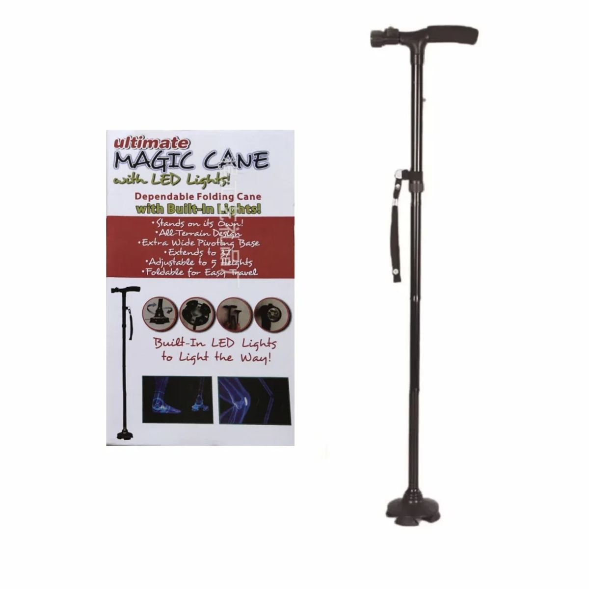 GENERICO - Bastón Plegable Magic Cane +Luz 5 Niveles Soporte Adulto Mayor Genieka