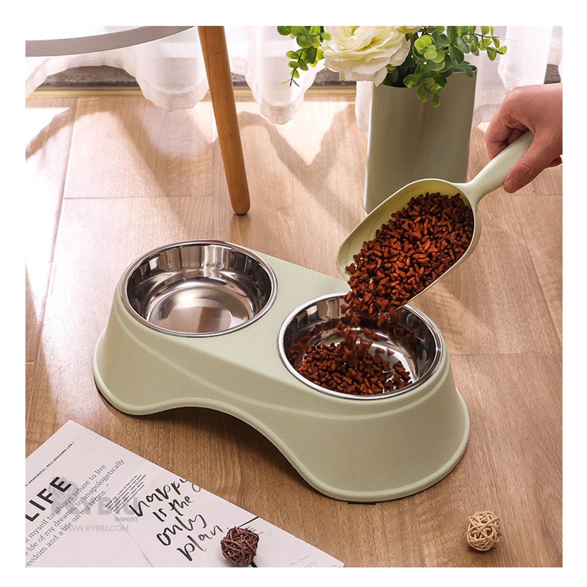 GENERICO - Plato para Servir Comida Mascotas Verde Y+Gift Stickers