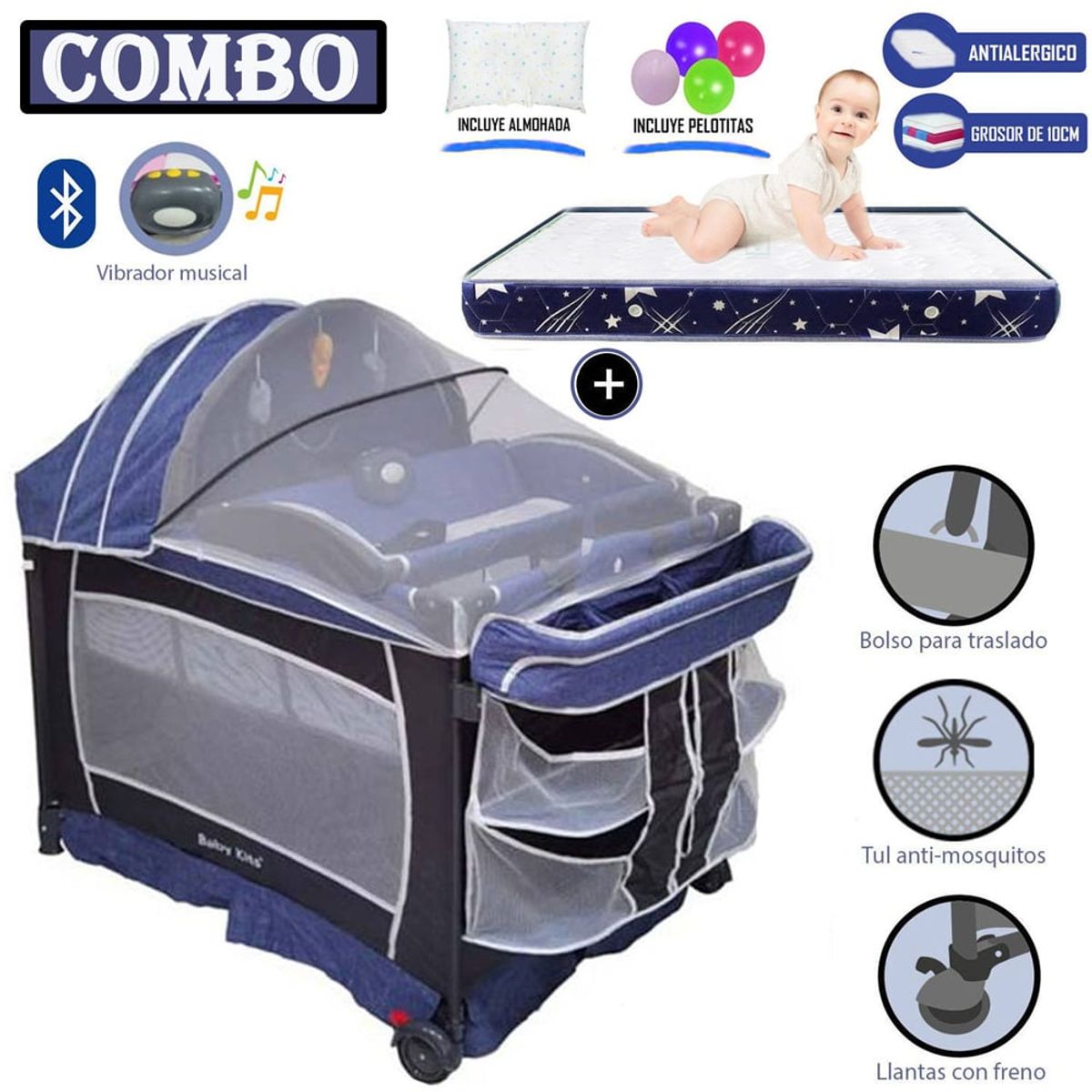 BABY KITS - Cuna Corral Baby Kits Verona Azul + Colchón 4 " Azul