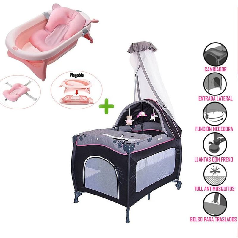 EBABY - Cuna Corral Mecedora SALLY 716 + Tina Plegable Rosado