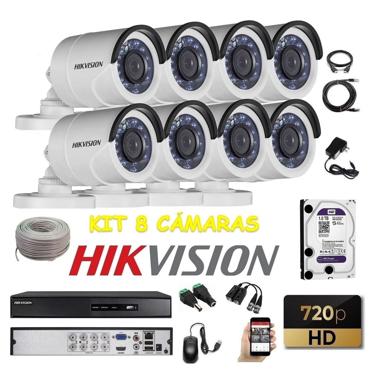 HIKVISION - kit 8 Cámaras Seguridad Tubo Exterior HD Hikvision 1tb + cable