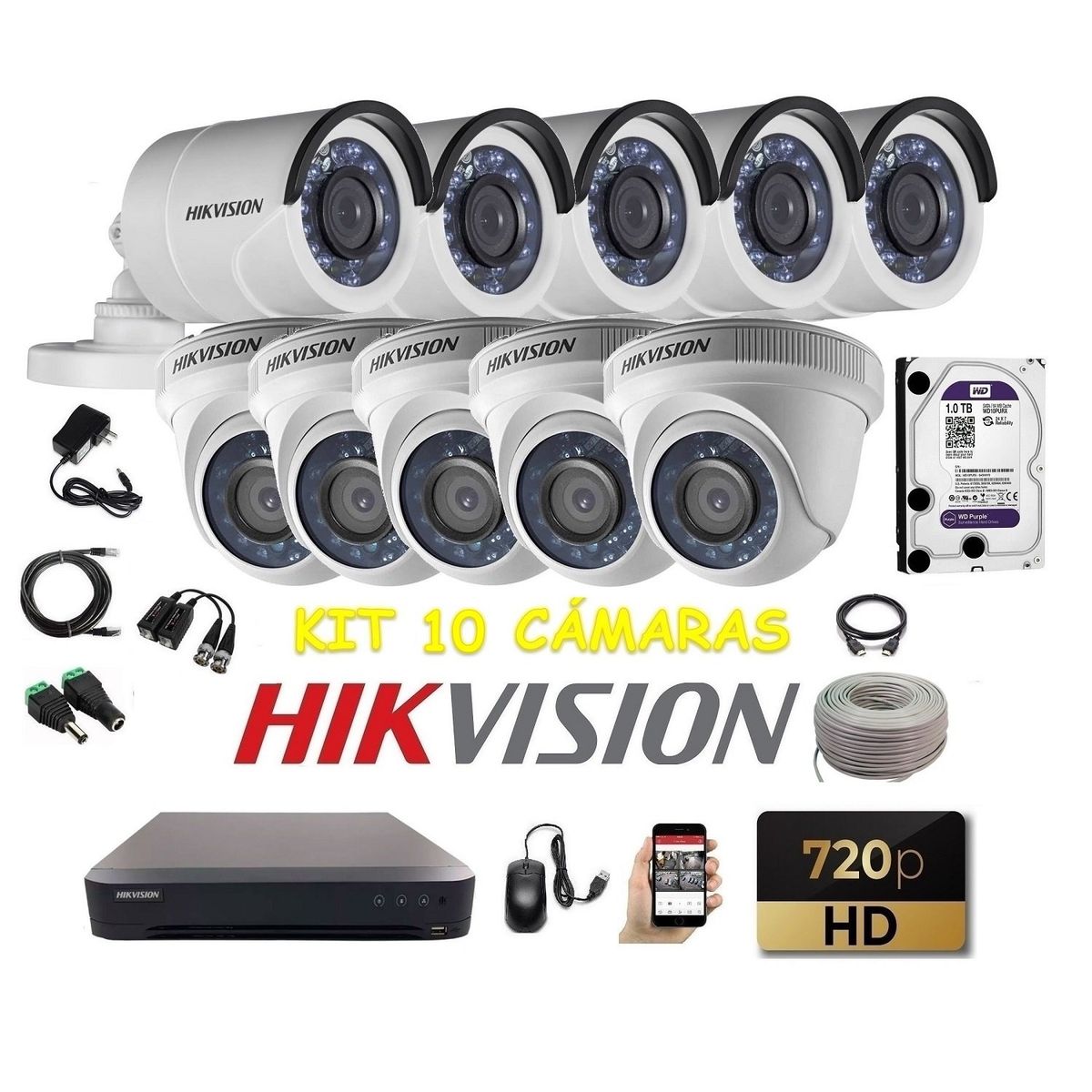 HIKVISION - kit 10 Cámaras Seguridad HD Hikvision 1tb + cable